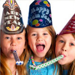 three girls wearing New Year's Eve hats